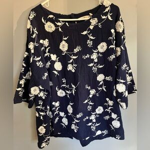 Soft Surroundings Blue Embroidered Floral Top Women 2X Cotton Classic Comfy